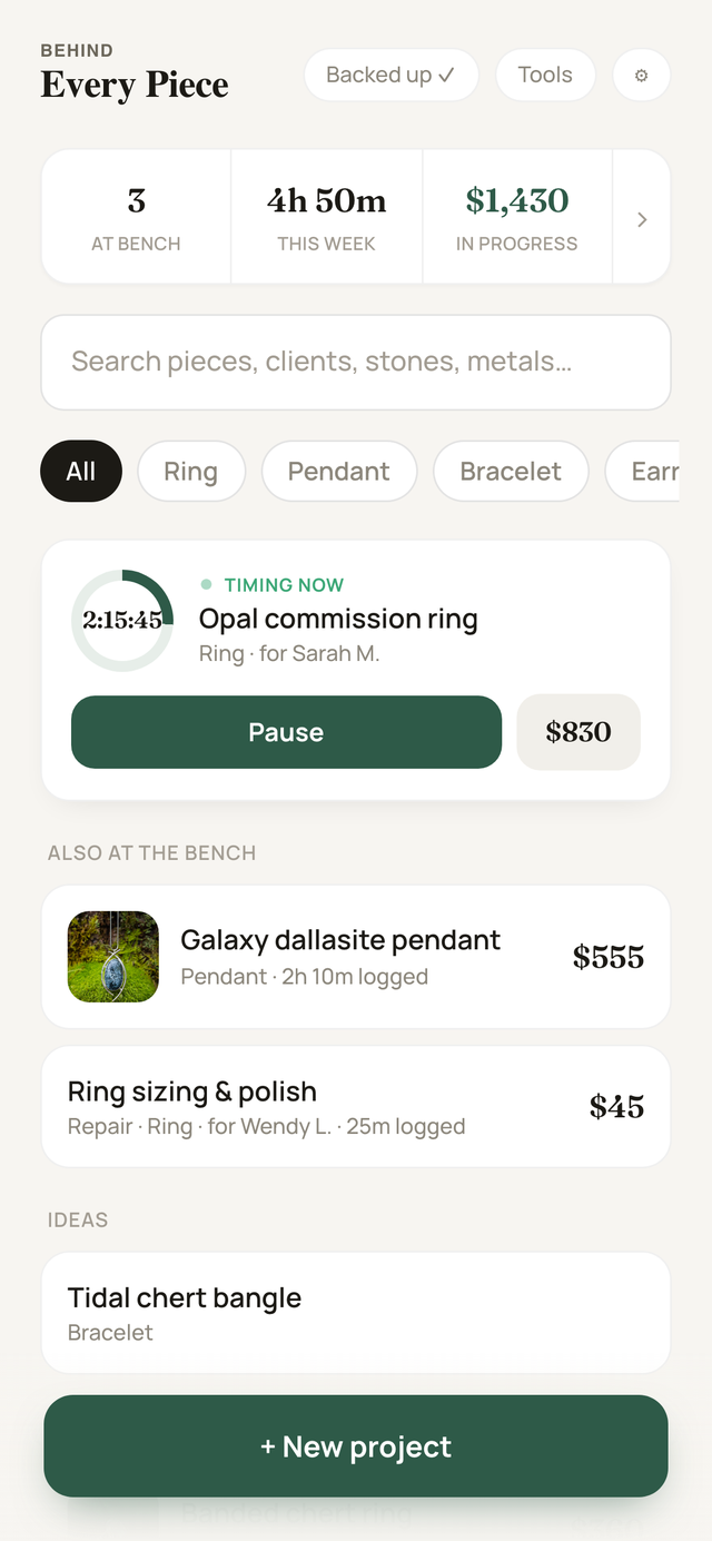 The home screen: a week summary strip, a search bar, and project cards with photos — one piece timing now, others at the bench, finished and sold.