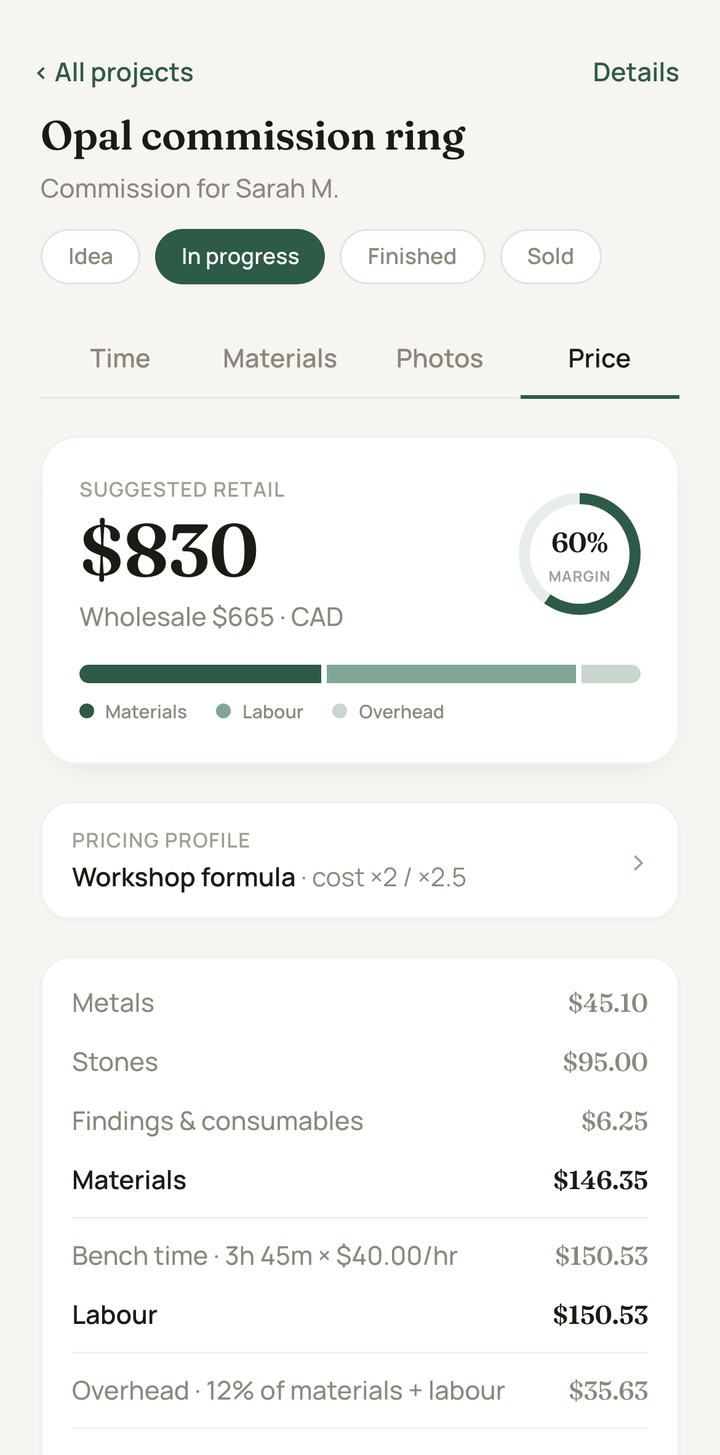 The app’s Price screen for an opal commission ring: suggested retail $830, wholesale $665, a 60% margin ring, and a cost breakdown of materials, labour and overhead.
