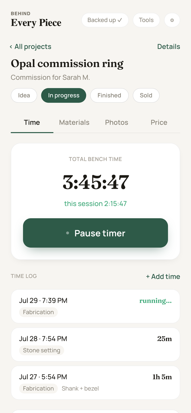 The time tab of a project: total bench time 3:45:48, a running session, and a time log of past sittings tagged fabrication and stone setting.