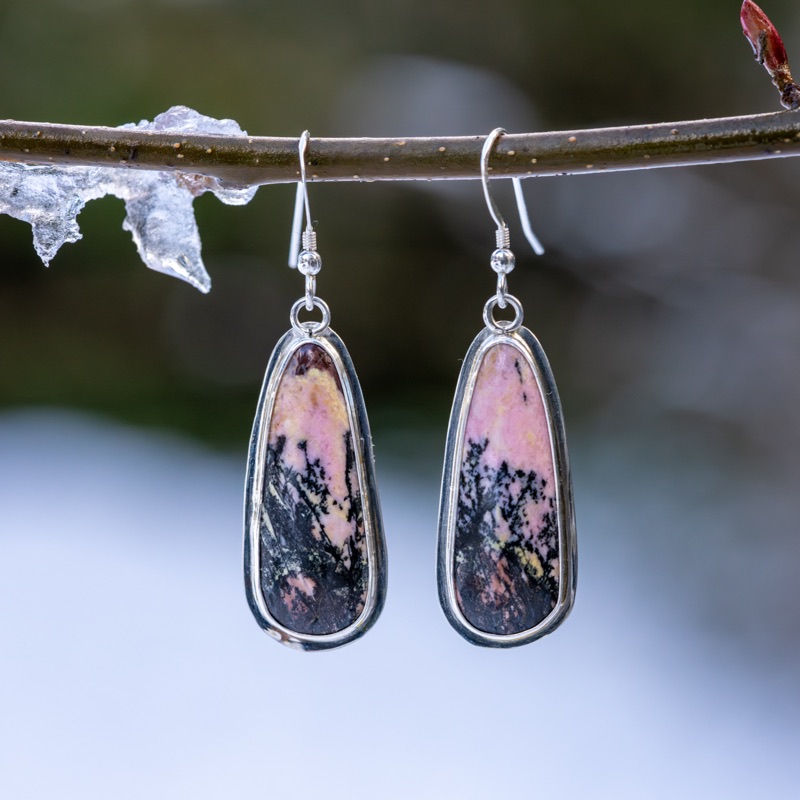 A matched pair of pink and black rhodonite drops in sterling silver bezels, hanging from a winter branch.